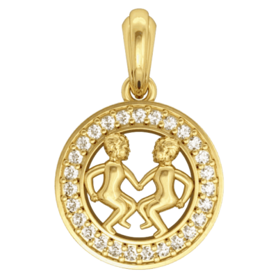Gemini Charm Pendant in 14K Gold Studded with Diamonds with Leather Cord